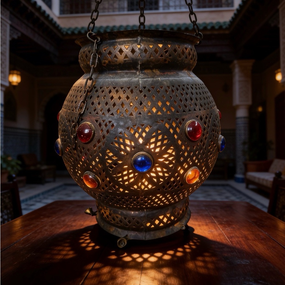 Vintage moroccan Metal Lantern with Red, Blue, and Orange Accents